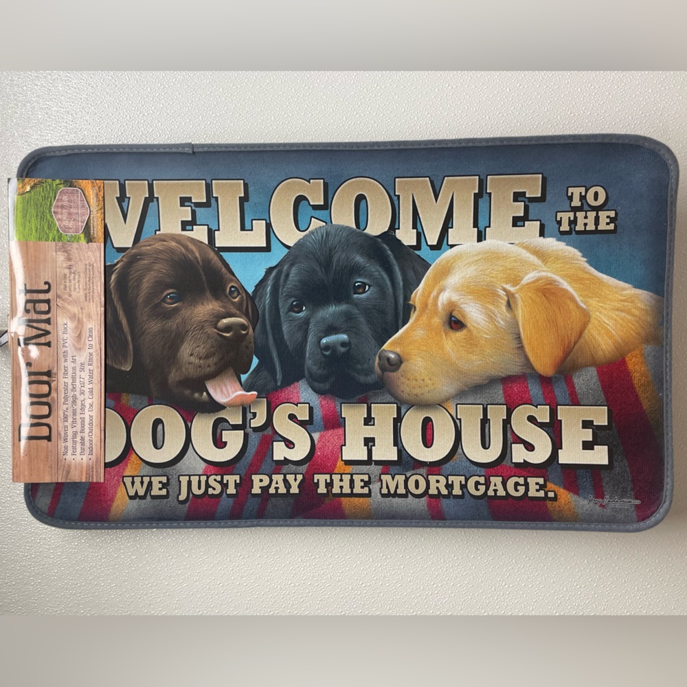 Welcome Dog’s House Door Mat. 30”x17.7” Rug. Chocolate, Black & Golden Labs. Dog